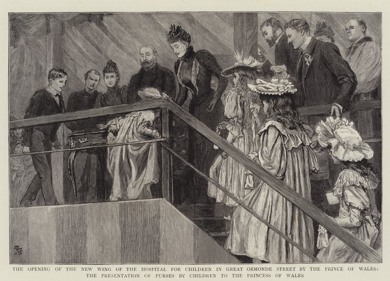 Die Eröffnung des neuen Flügels des Kinderkrankenhauses in der Great Ormonde Street durch den Prinzen von Wales, die Übergabe von Geldbörsen durch Kinder an die Prinzessin von Wales von Robert Barnes