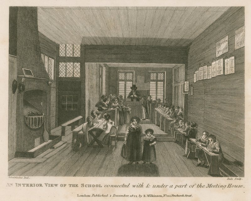 Ein Innenansicht der Schule, die mit und unter einem Teil dessen verbunden ist, was früher John Bunyans Versammlungshaus war von Robert Blemell Schnebbelie