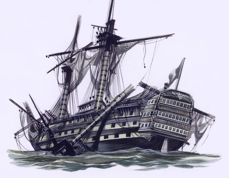 HMS Victory nach der Schlacht von Trafalgar, mit abgeschossenem Besanmast von Ron Embleton