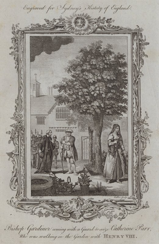 Bischof Gardiner kommt mit einer Wache, um Catherine Parr zu verhaften, die mit Heinrich VIII. im Garten spazieren geht von Samuel (after) Wale