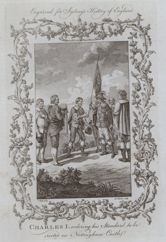 Karl I. befiehlt, sein Standard auf Nottingham Castle zu errichten (Stich) von Samuel (after) Wale