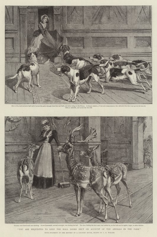 Sie werden gebeten, die Hallentüren wegen der Tiere im Park geschlossen zu halten (Lithografie) von Samuel Edmund (after) Waller