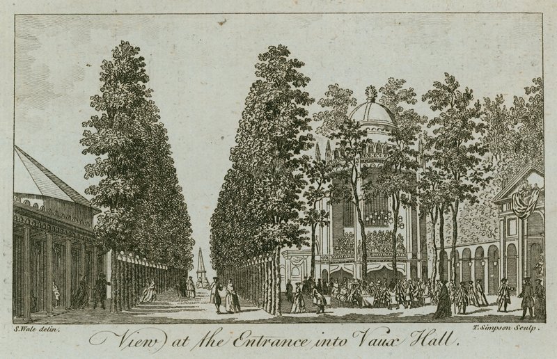 Ansicht des Eingangs zu den Vauxhall Gardens, London von Samuel Wale