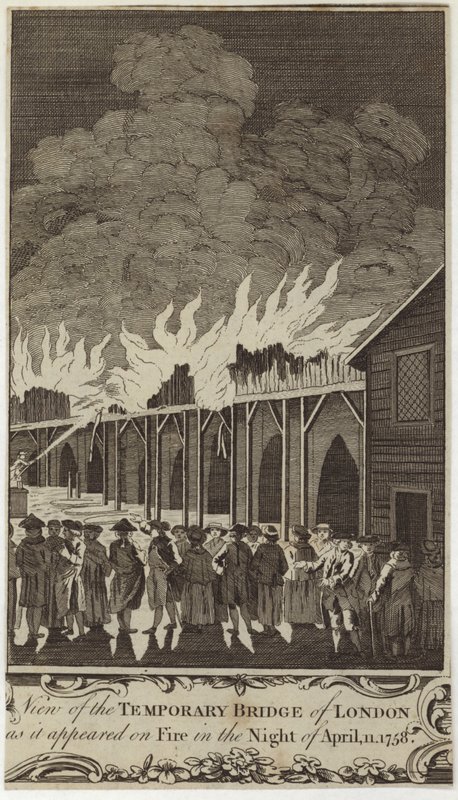 Ansicht der temporären Brücke von London, wie sie in der Nacht des 11. April 1758 brannte von Samuel Wale