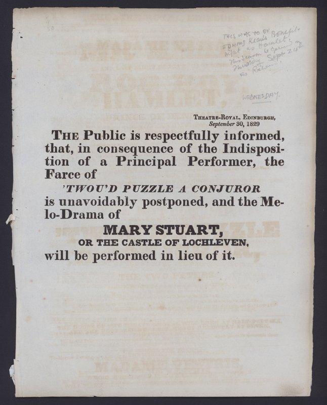 Hinweis auf eine Änderung der geplanten Aufführung im Theatre Royal, Edinburgh, 30. September 1829 von Scottish School