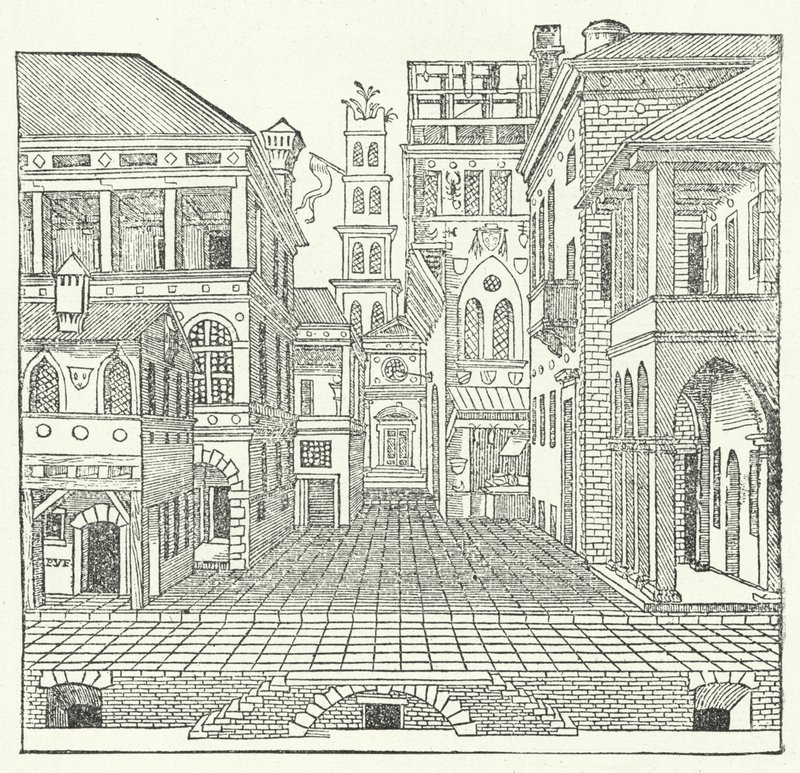 Bühnenbild von dem italienischen Manieristen-Architekten Sebastiano Serlio für eine Komödie von Sebastiano Serlio