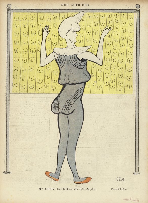 Louise Balthy, französische Schauspielerin, im Folies-Bergère, Illustration für Le Rire von Sem