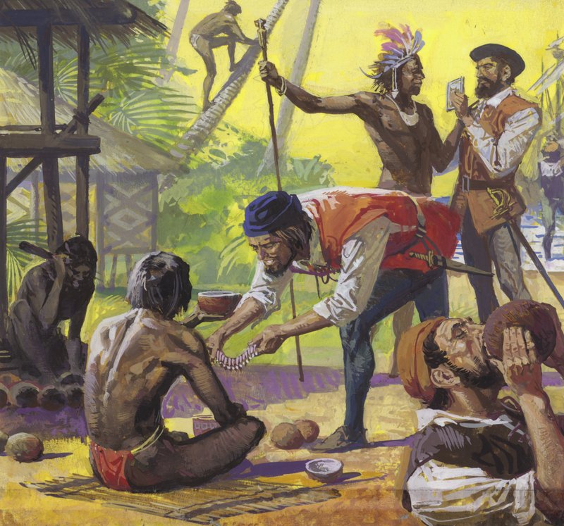 Magellans Männer treffen freundliche Einheimische auf den Philippinen und handeln mit Lebensmitteln von Severino Baraldi