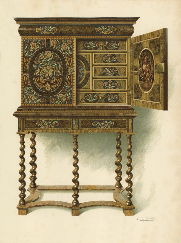 Walnusskabinett mit Marketerie eingelegt, Eigentum von The Hon Charlotte Maria Lady North und R Eden Dickson (Chromolitho) von Shirley Charles Llewellyn Slocombe