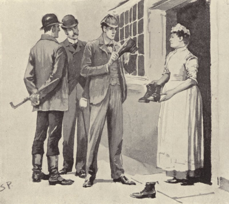 Die Magd zeigte uns die Stiefel: Szene aus der Sherlock-Holmes-Geschichte Das Geheimnis des Boscombe-Tals von Arthur Conan Doyle von Sidney Paget
