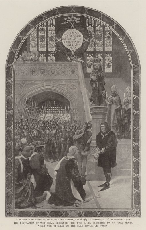 Die Dekoration der Royal Exchange, das neue Panel, präsentiert von Herrn Carl Meyer, das am Montag vom Lord Mayor enthüllt wurde von Sigismund Christian Hubert Goetze