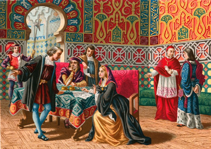Treffen zwischen Kolumbus und Ferdinand und Isabel vor der Entdeckungsreise von Spanish School