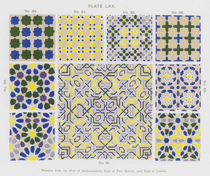 Mosaiken aus der Halle der Botschafter, Halle der Zwei Schwestern und Halle der Gerechtigkeit (Farblithografie) von Spanish School