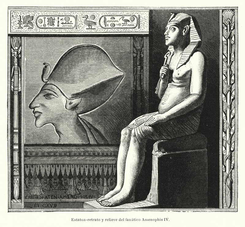 Sitzende Statue und Relief des altägyptischen Pharaos Echnaton (Amenophis IV.) von Spanish School
