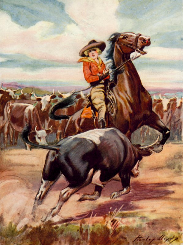 Szene aus In der Gewalt der Banditen: ein Cowgirl zu Pferd wird von einem großen Stier angegriffen von Stanley Lloyd