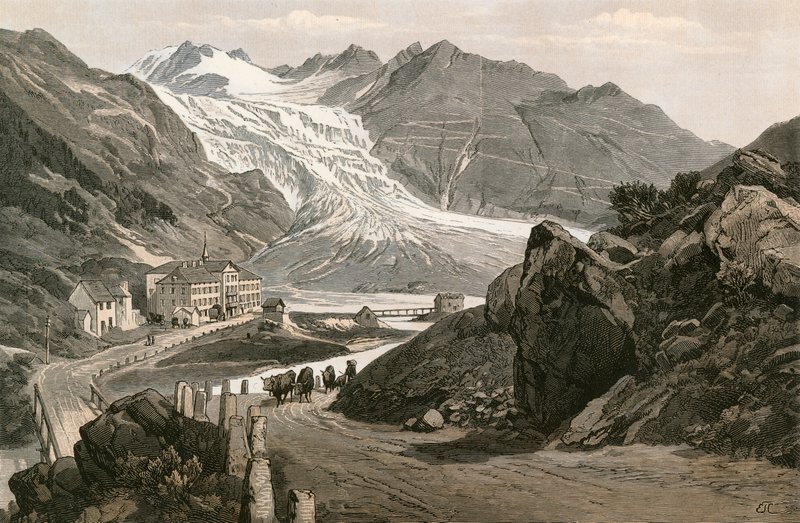 Der untere Teil des Rhonegletschers und die Straße zum Furka von Swiss School