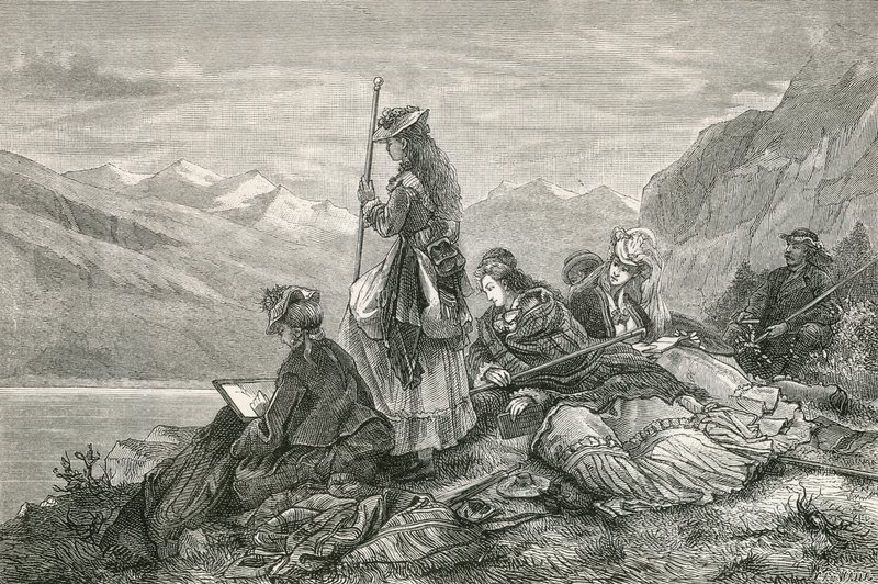Touristen ruhen sich in den Alpen aus von Swiss School