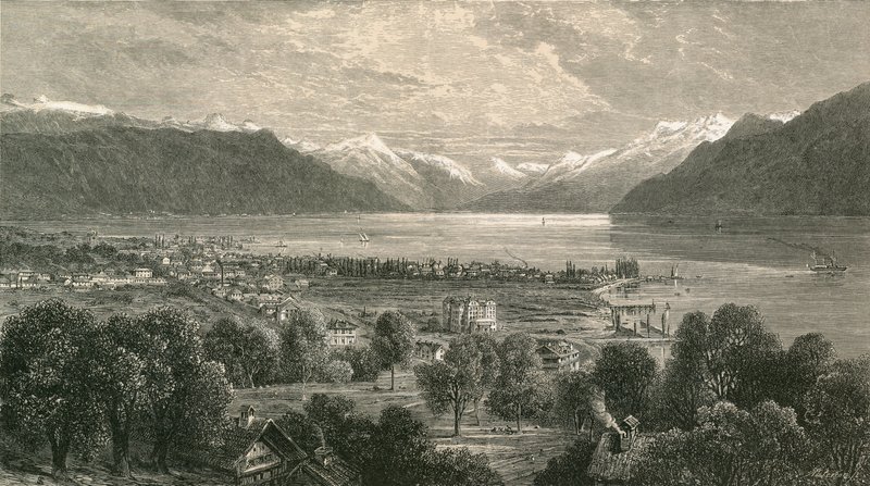 Vevey und der obere Teil des Genfersees, Blick Richtung Rhonetal von Swiss School