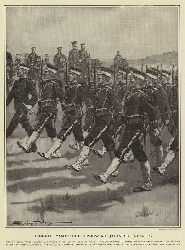 General Yamaguchi inspiziert die japanische Infanterie von Sydney Adamson