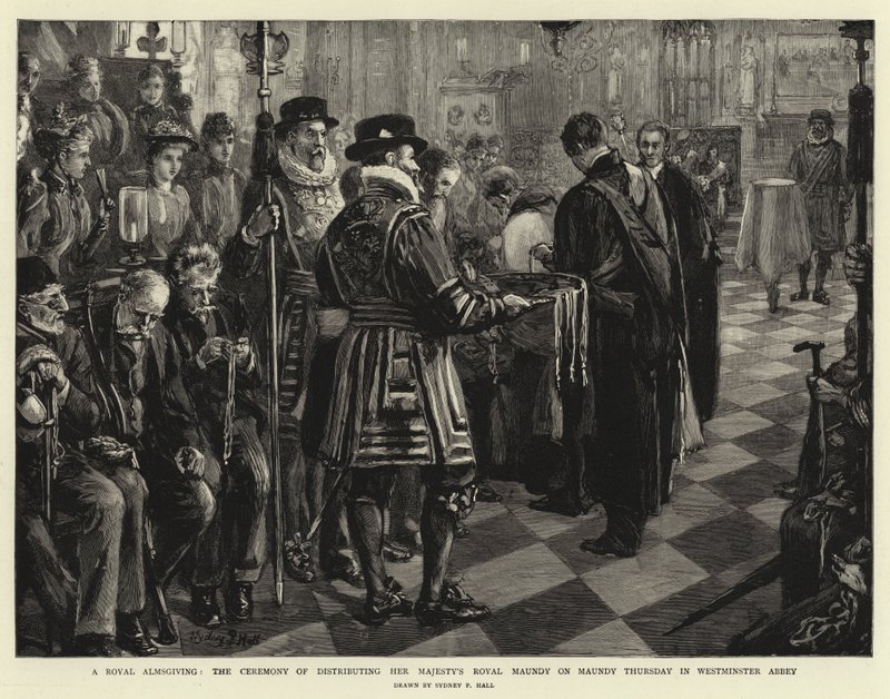 Eine königliche Almosenverteilung, die Zeremonie der Verteilung der königlichen Almosen Ihrer Majestät am Gründonnerstag in der Westminster Abbey von Sydney Prior Hall