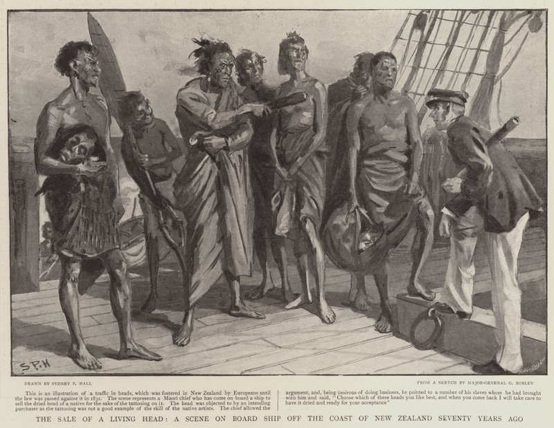 Verkauf eines lebenden Kopfes, eine Szene an Bord eines Schiffes vor der Küste Neuseelands vor siebzig Jahren von Sydney Prior Hall