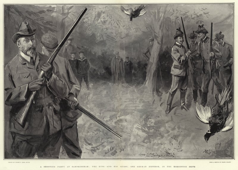 Eine Jagdgesellschaft in Sandringham, der König und seine Gäste, der deutsche Kaiser, in der Horseshoe Drive von Sydney Prior Hall