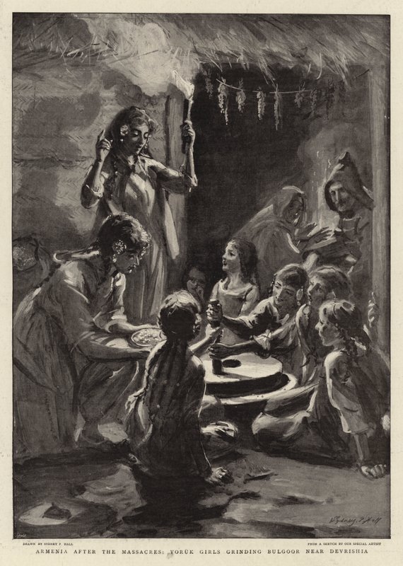 Armenien nach den Massakern, Yoruk-Mädchen mahlen Bulgur in der Nähe von Devrishia von Sydney Prior Hall