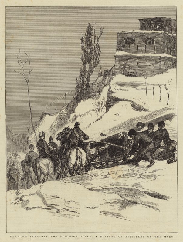 Kanadische Skizzen, die Dominian-Truppe, eine Artilleriebatterie auf dem Marsch von Sydney Prior Hall