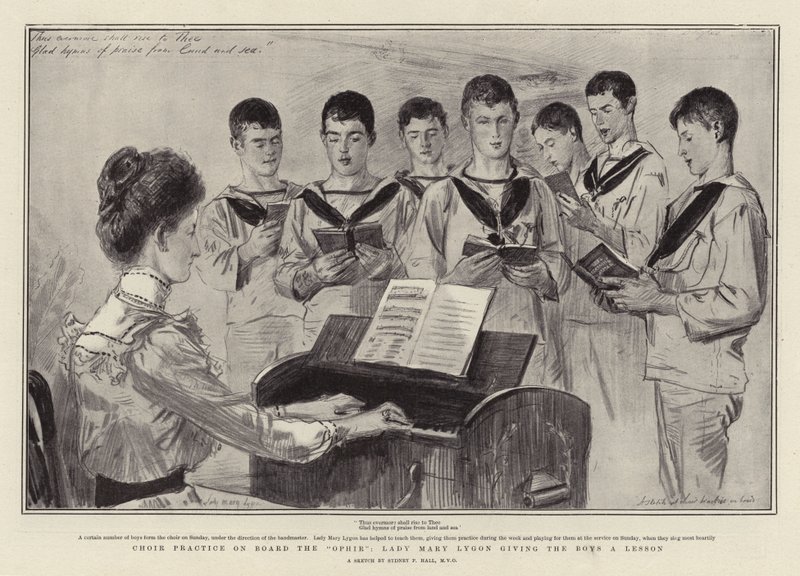 Chorprobe an Bord der Ophir, Lady Mary Lygon gibt den Jungen eine Lektion von Sydney Prior Hall