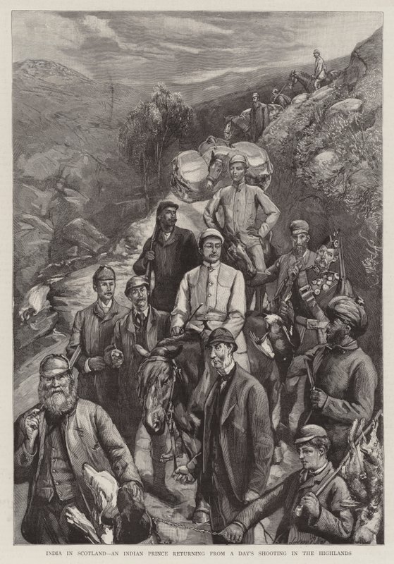 Indien in Schottland, ein indischer Prinz kehrt von einem Jagdausflug in den Highlands zurück von Sydney Prior Hall