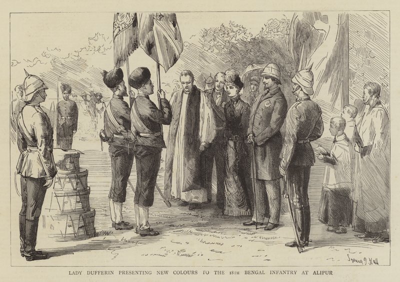 Lady Dufferin überreicht neue Farben an die 18. Bengalische Infanterie in Alipur von Sydney Prior Hall