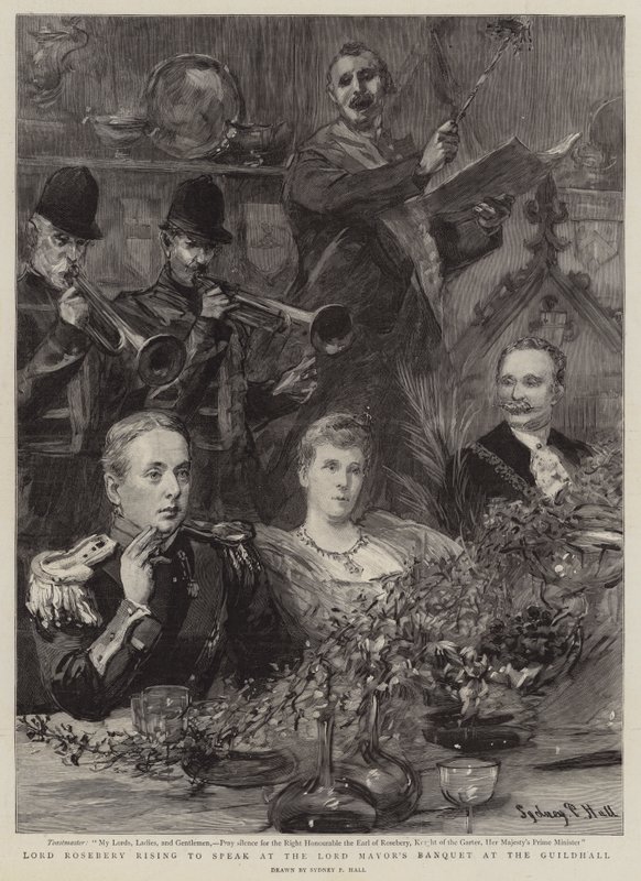 Lord Rosebery erhebt sich, um beim Bankett des Lord Mayor in der Guildhall zu sprechen von Sydney Prior Hall
