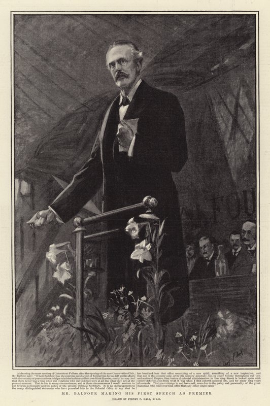 Mr. Balfour hält seine erste Rede als Premierminister von Sydney Prior Hall