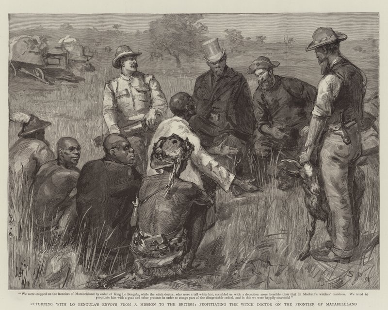 Rückkehr mit den Gesandten von Lo Bengula von einer Mission zu den Briten, Beschwichtigung des Hexendoktors an der Grenze von Matabeleland von Sydney Prior Hall