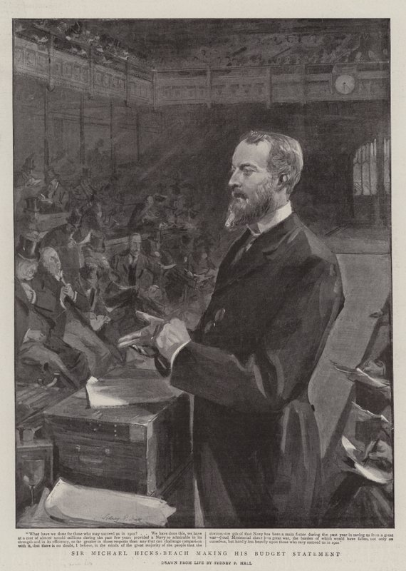 Sir Michael Hicks-Beach hält seine Haushaltsrede von Sydney Prior Hall