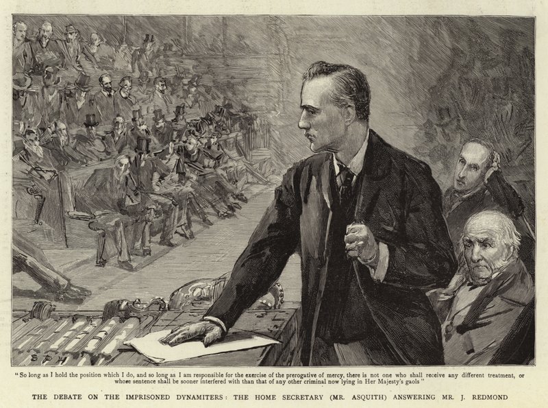 Die Debatte über die inhaftierten Dynamiter, der Innenminister (Mr. Asquith) beantwortet Mr. J. Redmond von Sydney Prior Hall