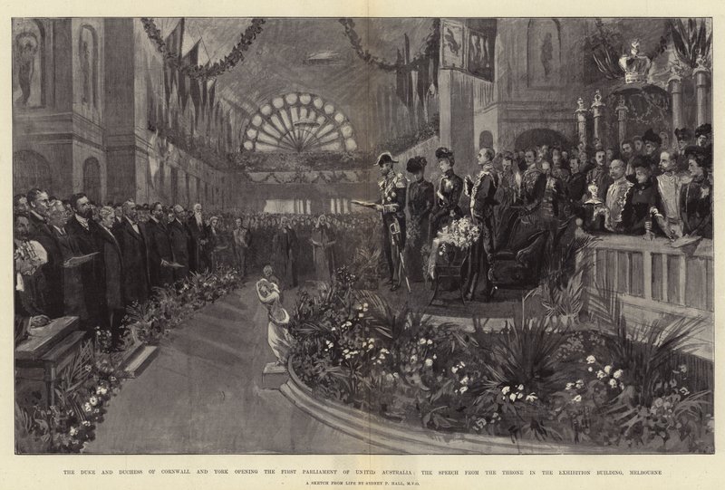 Der Herzog und die Herzogin von Cornwall und York eröffnen das erste Parlament des vereinten Australien, die Thronrede im Ausstellungsgebäude, Melbourne von Sydney Prior Hall