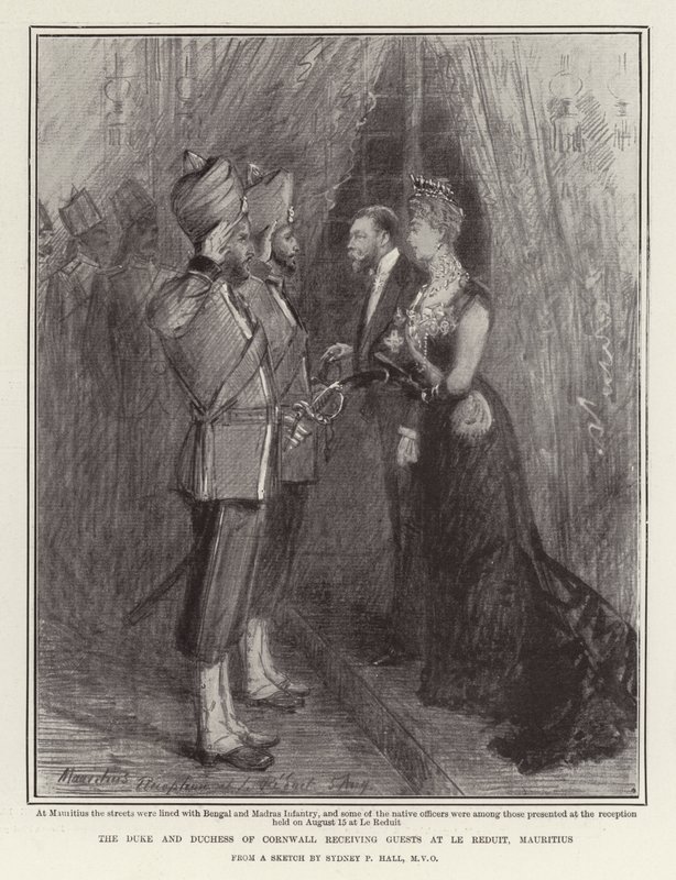 Der Herzog und die Herzogin von Cornwall empfangen Gäste in Le Reduit, Mauritius von Sydney Prior Hall