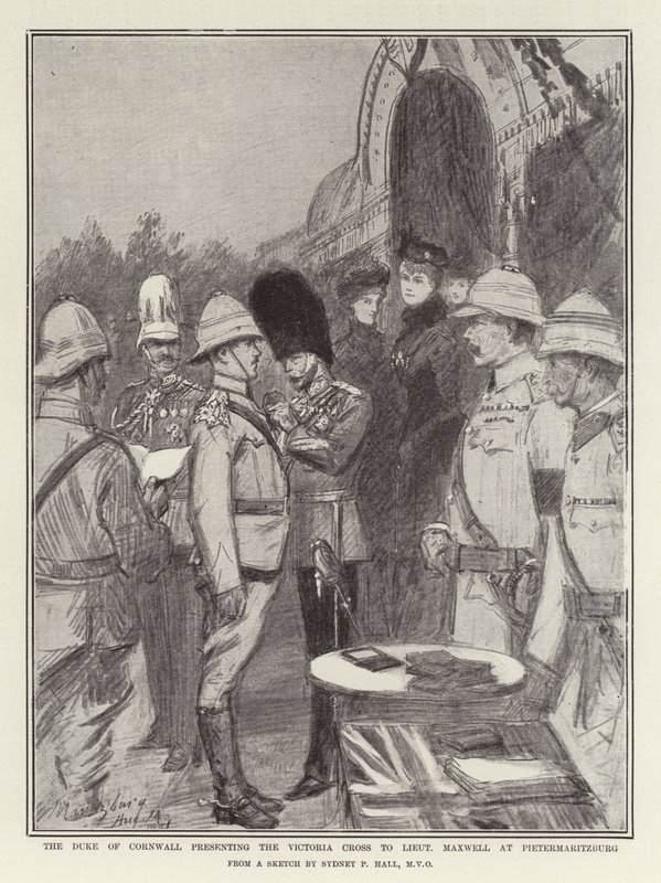 Der Herzog von Cornwall überreicht das Victoria-Kreuz an Leutnant Maxwell in Pietermaritzburg von Sydney Prior Hall