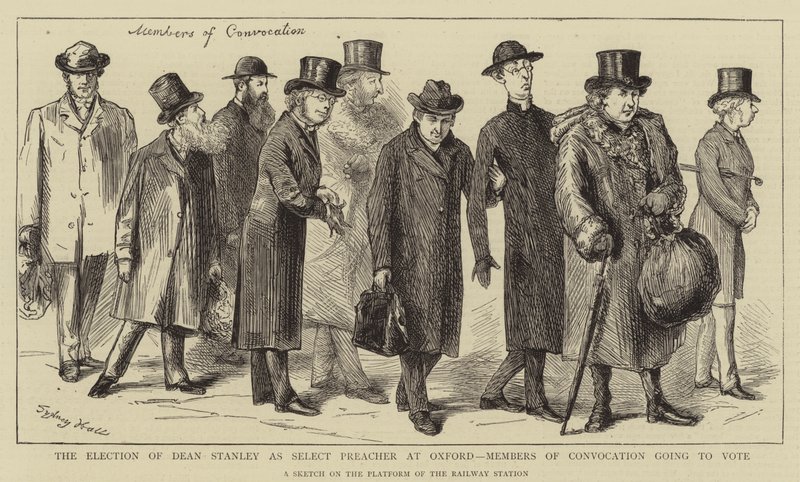Die Wahl von Dean Stanley zum Prediger in Oxford, Mitglieder der Konvokation gehen zur Abstimmung von Sydney Prior Hall