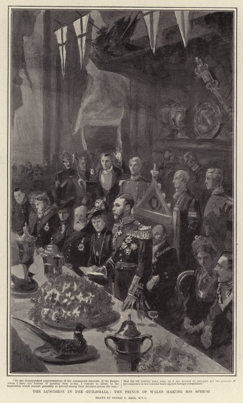 Das Mittagessen in der Guildhall, der Prinz von Wales hält seine Rede von Sydney Prior Hall