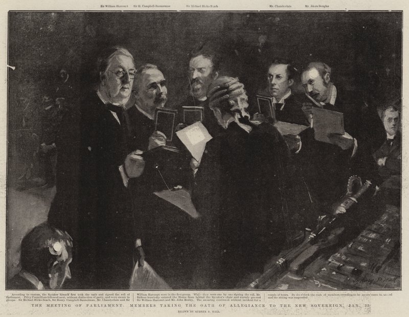 Das Treffen der Parlamentsmitglieder, die den Treueeid auf den neuen Souverän ablegen, 23. Januar von Sydney Prior Hall