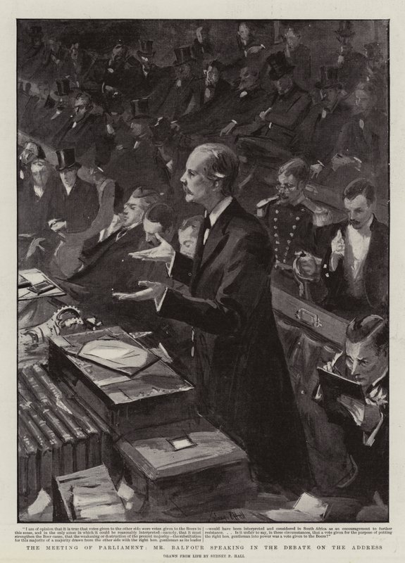 Die Parlamentseröffnung, Mr. Balfour spricht in der Debatte zur Adresse von Sydney Prior Hall