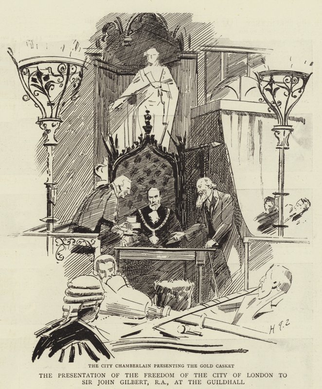 Die Verleihung der Freiheit der Stadt London an Sir John Gilbert, RA, in der Guildhall von Sydney Prior Hall