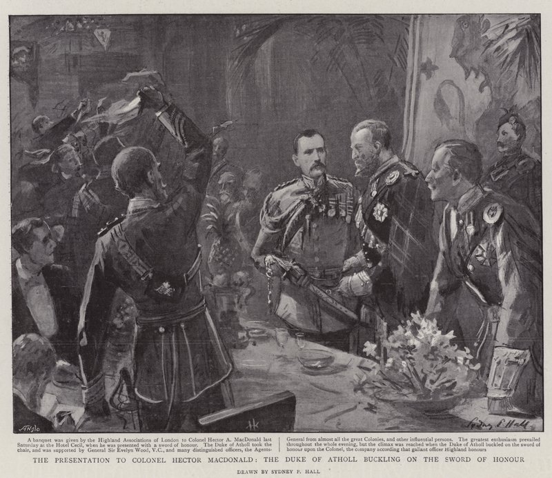Die Präsentation an Oberst Hector MacDonald, der Herzog von Atholl schnallt das Ehrenschwert an von Sydney Prior Hall