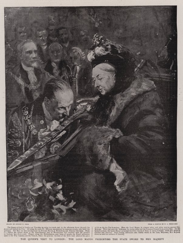 Der Besuch der Königin in London, der Lord Mayor überreicht das Staatsschwert Ihrer Majestät von Sydney Prior Hall