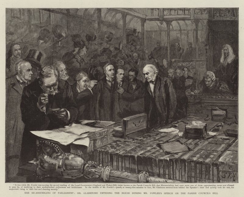 Die Wiederzusammenkunft des Parlaments, Mr. Gladstone betritt das Haus während Mr. Fowlers Rede zum Gemeinderatsgesetz von Sydney Prior Hall