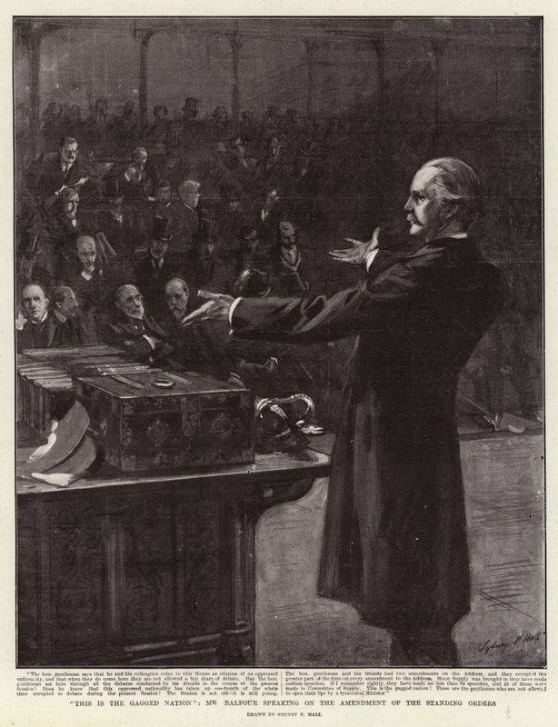 Dies ist die geknebelte Nation, Mr. Balfour spricht über die Änderung der Geschäftsordnung von Sydney Prior Hall