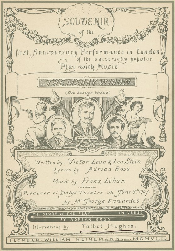 Titelseite des Souvenirs zum ersten Jubiläumsauftritt in London von Die lustige Witwe von Talbot Hughes