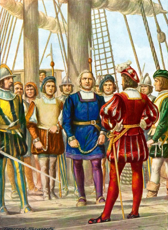 Christoph Kolumbus und seine Brüder Bartolomeo und Diego werden auf einem Schiff gefangen genommen, das sie nach Spanien bringen wird von Tancredi Scarpelli